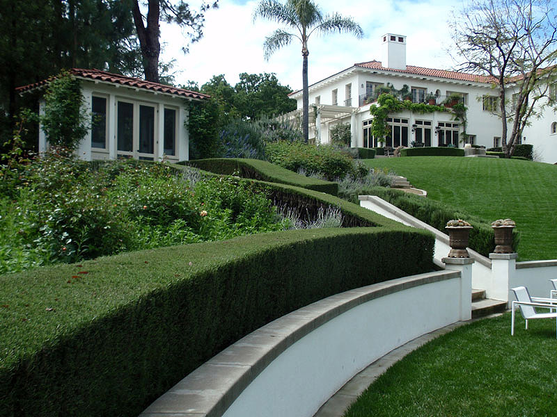 Terraced estate landscape with sculpted hedges and Mediterranean plantings — Golden Leaf Landscape Care
